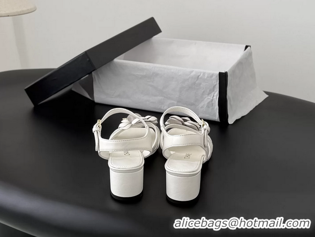 Top Grade Chanel CC White Leather Camellia Flower Heeled Sandals 6052005