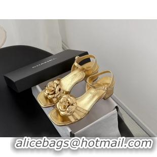 Grade Quality Chanel CC Gold Metallic Leather Camellia Flower Heeled Sandals 6052005