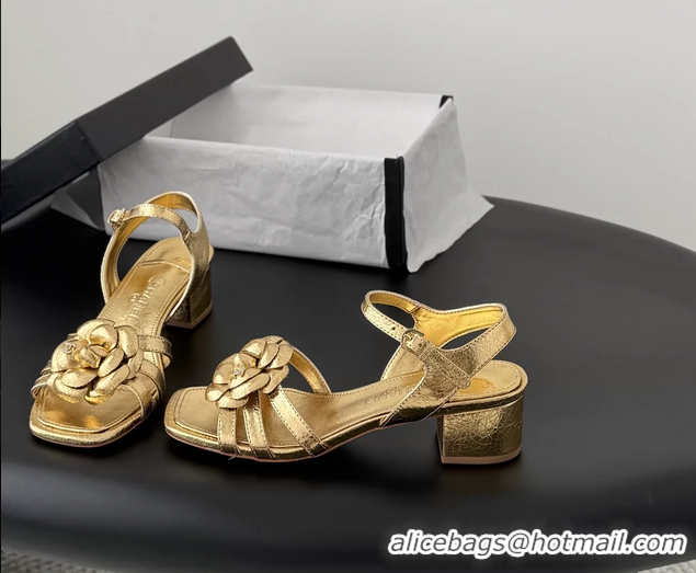 Grade Quality Chanel CC Gold Metallic Leather Camellia Flower Heeled Sandals 6052005