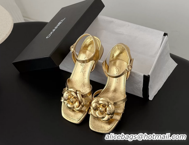 Grade Quality Chanel CC Gold Metallic Leather Camellia Flower Heeled Sandals 6052005
