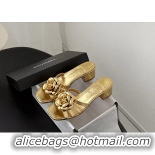 Unique Style Chanel CC Gold Leather Camellia Flower Low Heeled Slides Sandals 6052005
