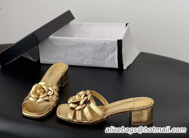 Unique Style Chanel CC Gold Leather Camellia Flower Low Heeled Slides Sandals 6052005