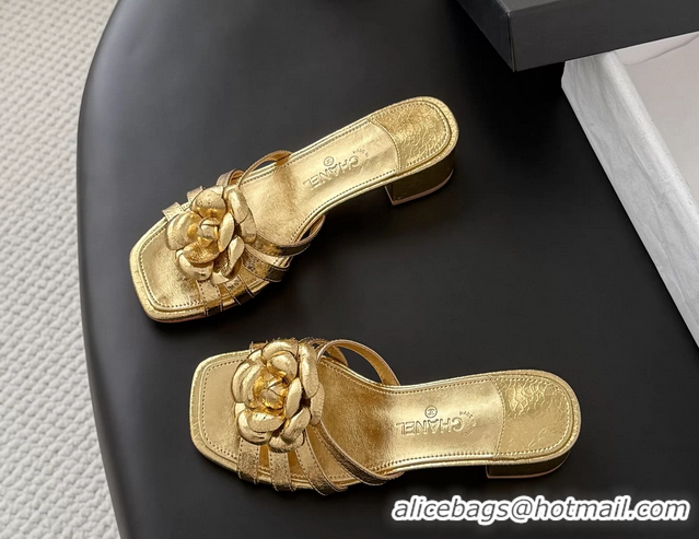 Unique Style Chanel CC Gold Leather Camellia Flower Low Heeled Slides Sandals 6052005