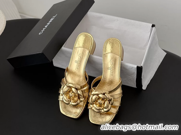 Unique Style Chanel CC Gold Leather Camellia Flower Low Heeled Slides Sandals 6052005