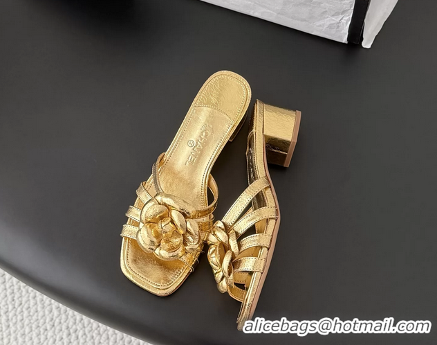 Unique Style Chanel CC Gold Leather Camellia Flower Low Heeled Slides Sandals 6052005