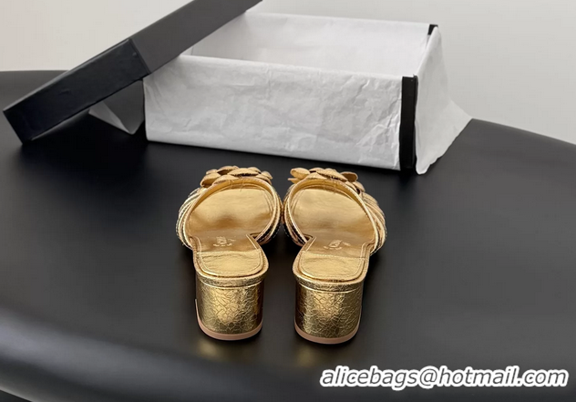 Unique Style Chanel CC Gold Leather Camellia Flower Low Heeled Slides Sandals 6052005
