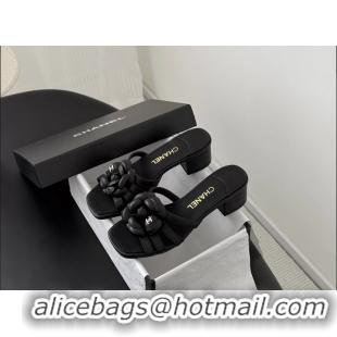 Purchase Chanel CC Black Leather Camellia Flower Low Heeled Slides Sandals 6052005