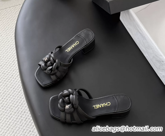Purchase Chanel CC Black Leather Camellia Flower Low Heeled Slides Sandals 6052005