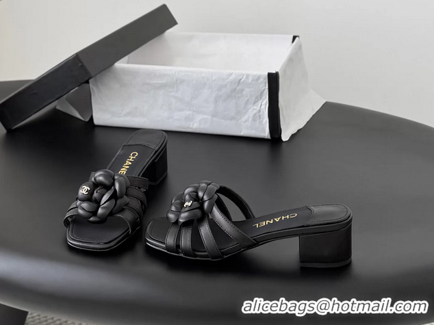 Purchase Chanel CC Black Leather Camellia Flower Low Heeled Slides Sandals 6052005
