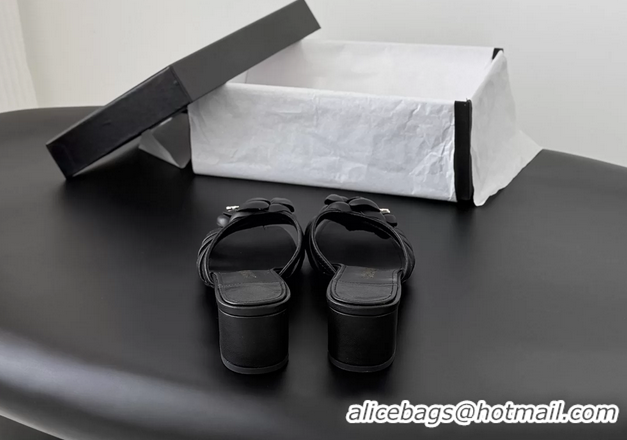Purchase Chanel CC Black Leather Camellia Flower Low Heeled Slides Sandals 6052005