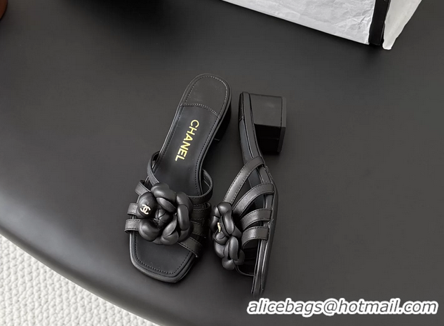 Purchase Chanel CC Black Leather Camellia Flower Low Heeled Slides Sandals 6052005