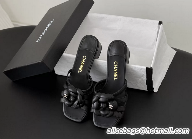 Purchase Chanel CC Black Leather Camellia Flower Low Heeled Slides Sandals 6052005