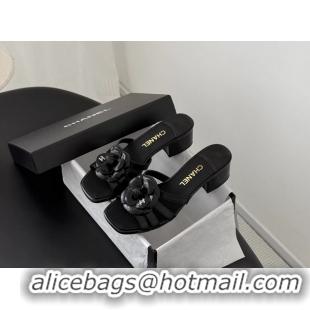 Good Looking Chanel CC Black Leather Camellia Flower Low Heeled Slides Sandals 6052005