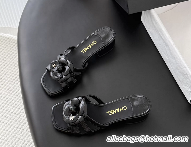 Good Looking Chanel CC Black Leather Camellia Flower Low Heeled Slides Sandals 6052005