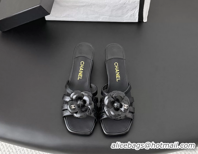 Good Looking Chanel CC Black Leather Camellia Flower Low Heeled Slides Sandals 6052005