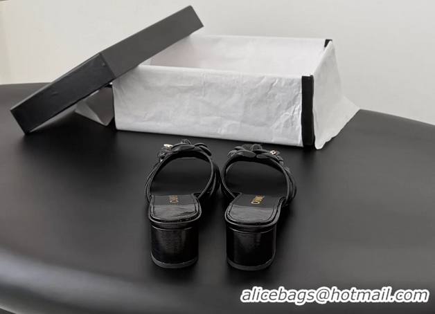Good Looking Chanel CC Black Leather Camellia Flower Low Heeled Slides Sandals 6052005