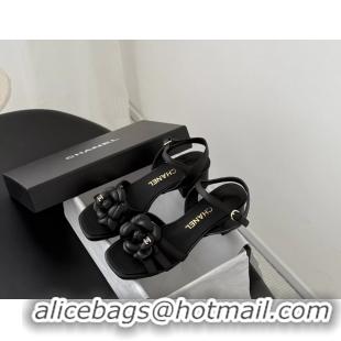 Classic Chanel CC Black Leather Camellia Flower Heeled Sandals 6052006