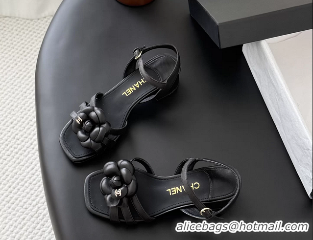 Classic Chanel CC Black Leather Camellia Flower Heeled Sandals 6052006
