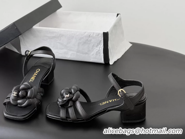 Classic Chanel CC Black Leather Camellia Flower Heeled Sandals 6052006