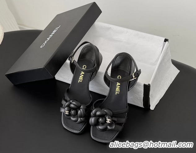 Classic Chanel CC Black Leather Camellia Flower Heeled Sandals 6052006