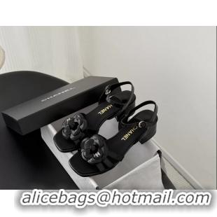 Discount Chanel CC Black Leather Camellia Flower Heeled Sandals 6052006