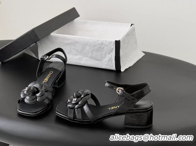 Discount Chanel CC Black Leather Camellia Flower Heeled Sandals 6052006