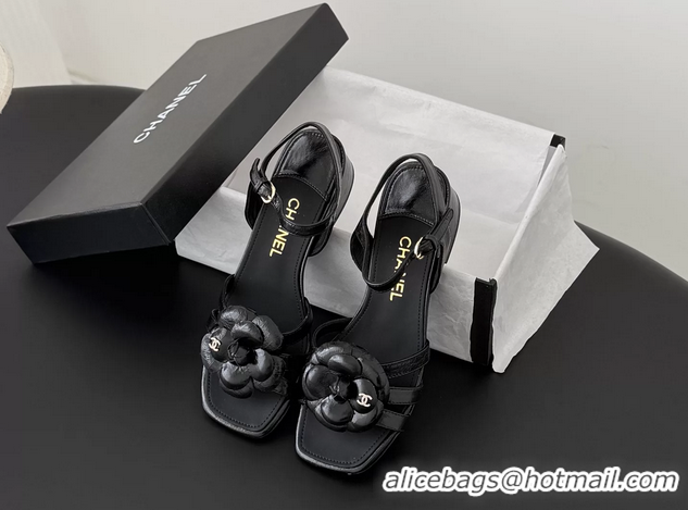 Discount Chanel CC Black Leather Camellia Flower Heeled Sandals 6052006