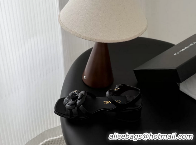 Discount Chanel CC Black Leather Camellia Flower Heeled Sandals 6052006