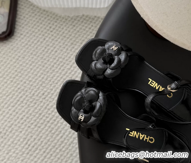 Discount Chanel CC Black Leather Camellia Flower Heeled Sandals 6052006