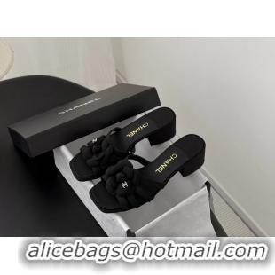 Fashion Chanel CC Black Fabric Camellia Flower Low Heeled Slides Sandals 6052007