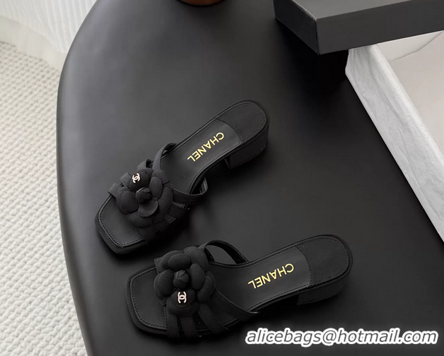 Fashion Chanel CC Black Fabric Camellia Flower Low Heeled Slides Sandals 6052007