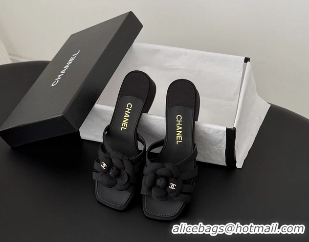 Fashion Chanel CC Black Fabric Camellia Flower Low Heeled Slides Sandals 6052007