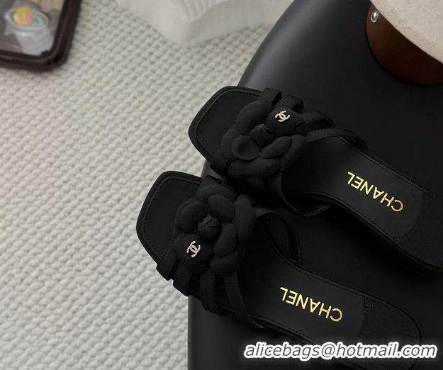 Fashion Chanel CC Black Fabric Camellia Flower Low Heeled Slides Sandals 6052007