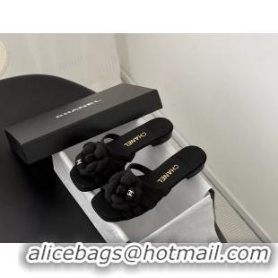 Good Quality Chanel CC Black Fabric Camellia Flower Low Heeled Slides Sandals 6052007 