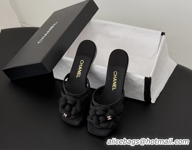Good Quality Chanel CC Black Fabric Camellia Flower Low Heeled Slides Sandals 6052007 