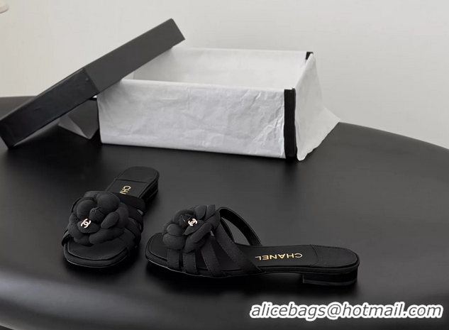 Good Quality Chanel CC Black Fabric Camellia Flower Low Heeled Slides Sandals 6052007 