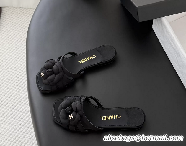 Good Quality Chanel CC Black Fabric Camellia Flower Low Heeled Slides Sandals 6052007 