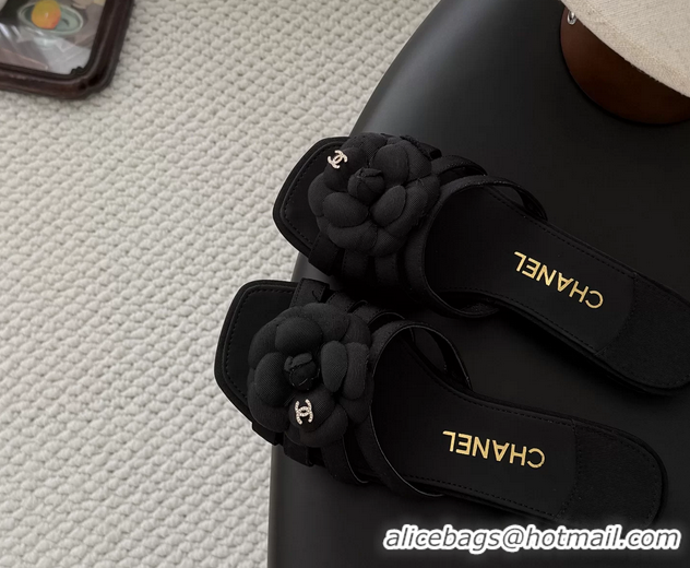 Good Quality Chanel CC Black Fabric Camellia Flower Low Heeled Slides Sandals 6052007 