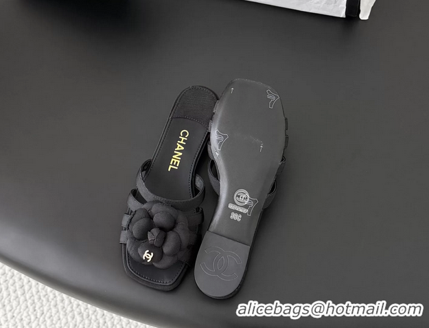 Good Quality Chanel CC Black Fabric Camellia Flower Low Heeled Slides Sandals 6052007 