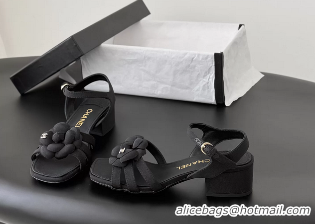 Original Cheap Chanel CC Black Fabric Camellia Flower Heeled Sandals 6052007