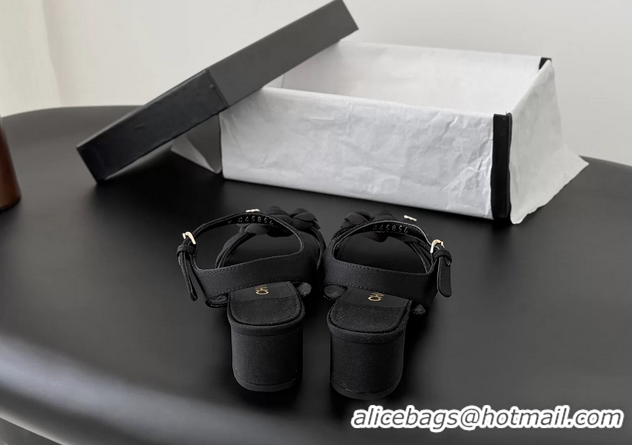 Original Cheap Chanel CC Black Fabric Camellia Flower Heeled Sandals 6052007
