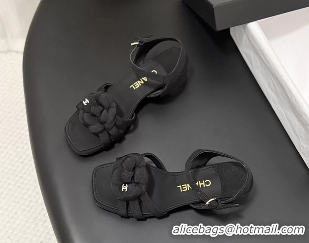 Original Cheap Chanel CC Black Fabric Camellia Flower Heeled Sandals 6052007