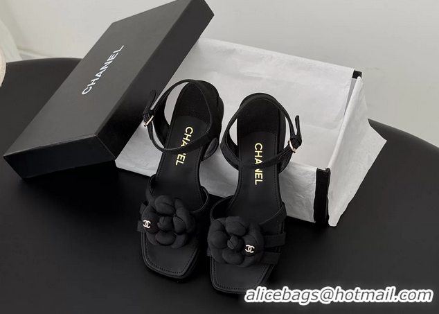 Original Cheap Chanel CC Black Fabric Camellia Flower Heeled Sandals 6052007