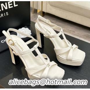 Durable Chanel CC White Leather High Heeled Platform Sandals 6052009
