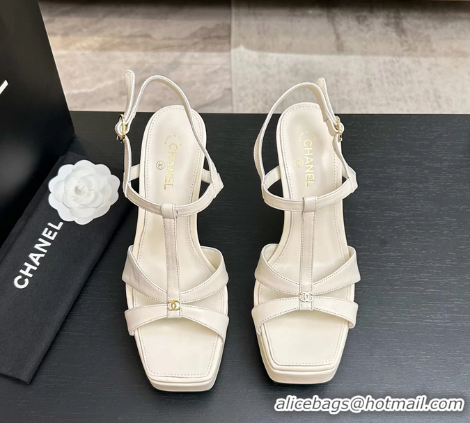 Durable Chanel CC White Leather High Heeled Platform Sandals 6052009