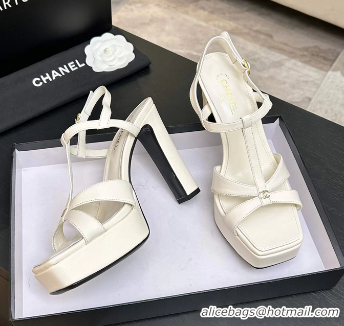 Durable Chanel CC White Leather High Heeled Platform Sandals 6052009