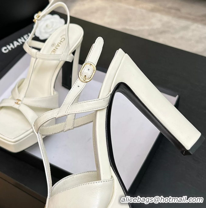 Durable Chanel CC White Leather High Heeled Platform Sandals 6052009