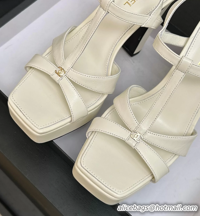 Durable Chanel CC White Leather High Heeled Platform Sandals 6052009