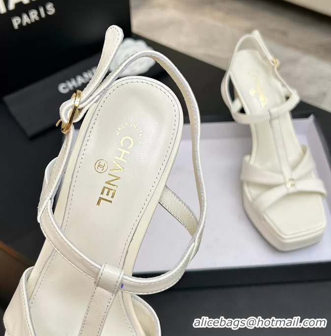 Durable Chanel CC White Leather High Heeled Platform Sandals 6052009