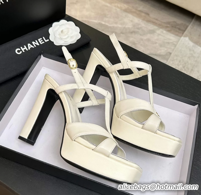 Durable Chanel CC White Leather High Heeled Platform Sandals 6052009